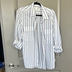 Babaton White and Navy Striped Button Down Shirt